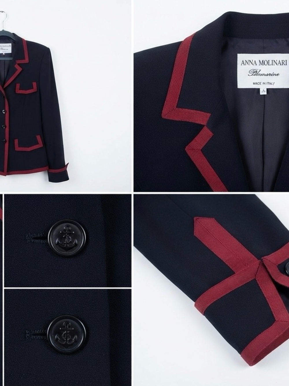 Vintage Anna Molinari Blumarine Navy Blue Blazer Red Trim Nautical IT 44 / US 8